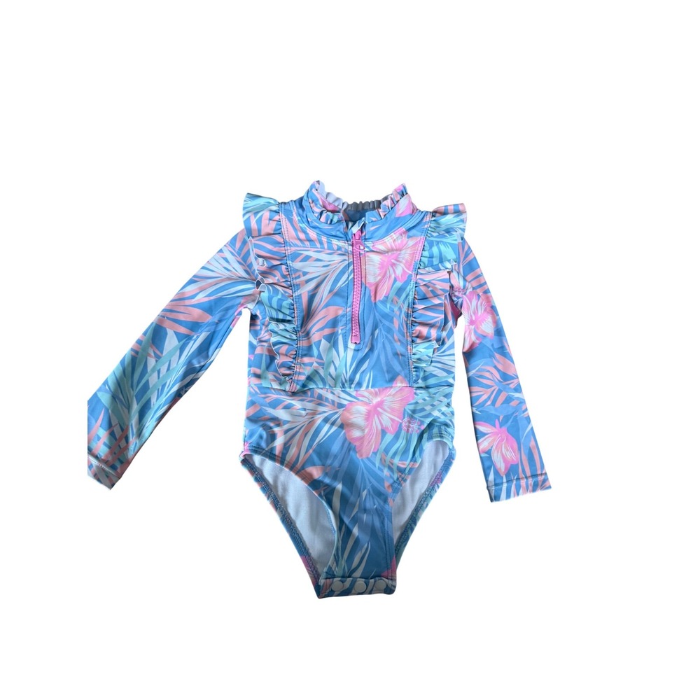 Tommy Bahama Toddler Girls Blue Pink Tropical Hibiscus Ruffle Rash Guard 18M